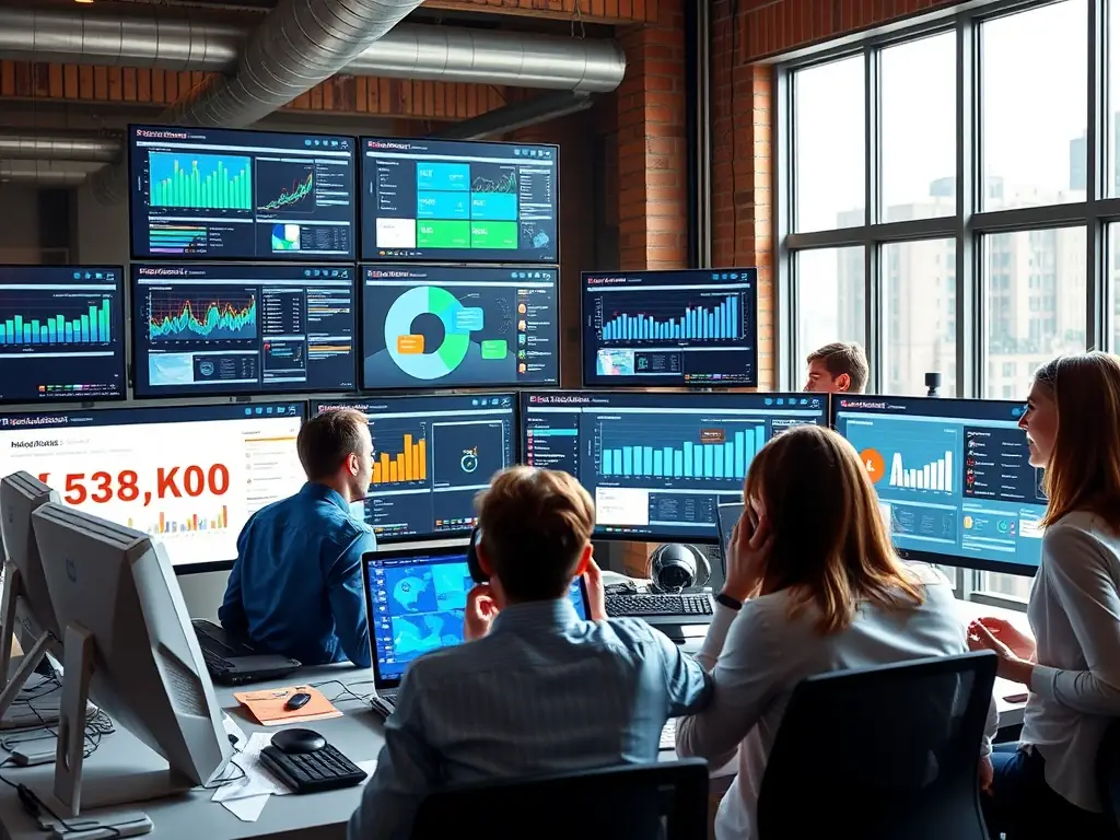 An image showing a team managing multiple social media feeds on screens with analytics dashboards, illustrating Digital Prototype's social media management service.