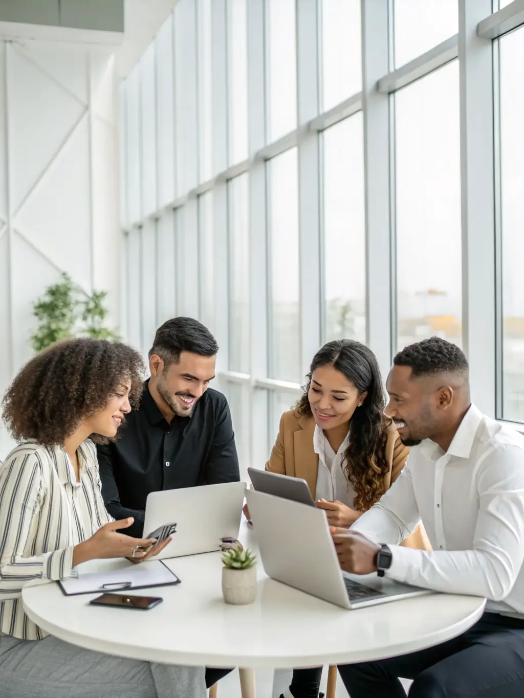 A visually appealing image depicting a team collaborating on social media content creation, showcasing diverse posts and engagement metrics on a large screen.